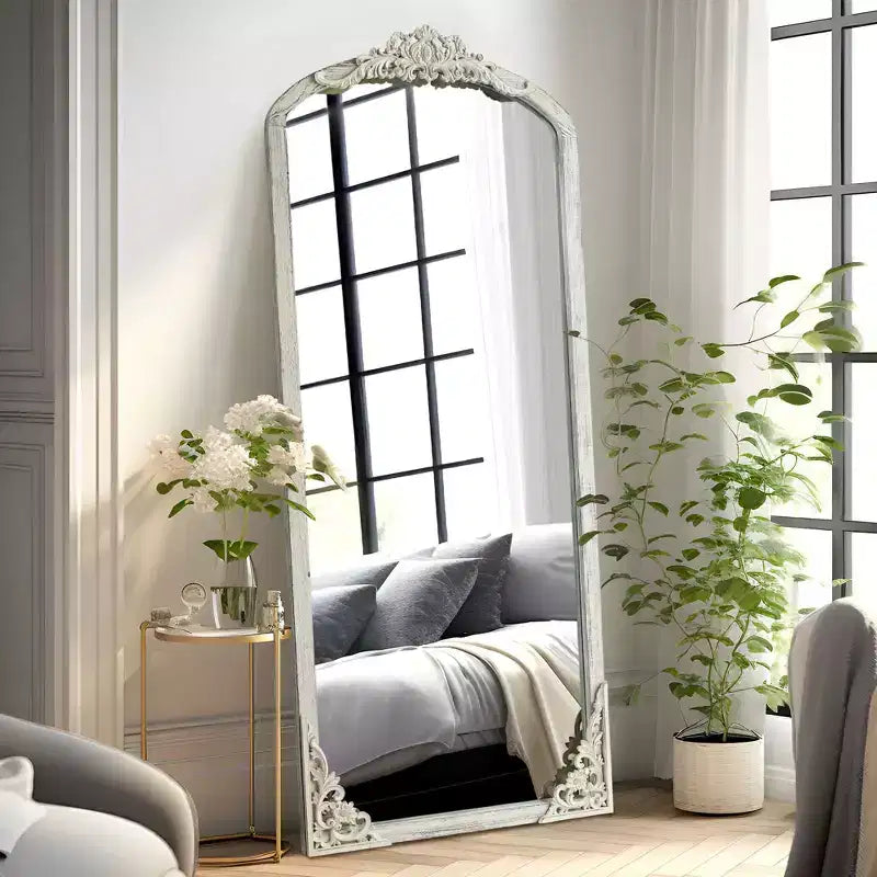 64x21 inch Solid Wood Carved Right Angle Micro Arch Full Body Mirror Weathered White (with Bracket)