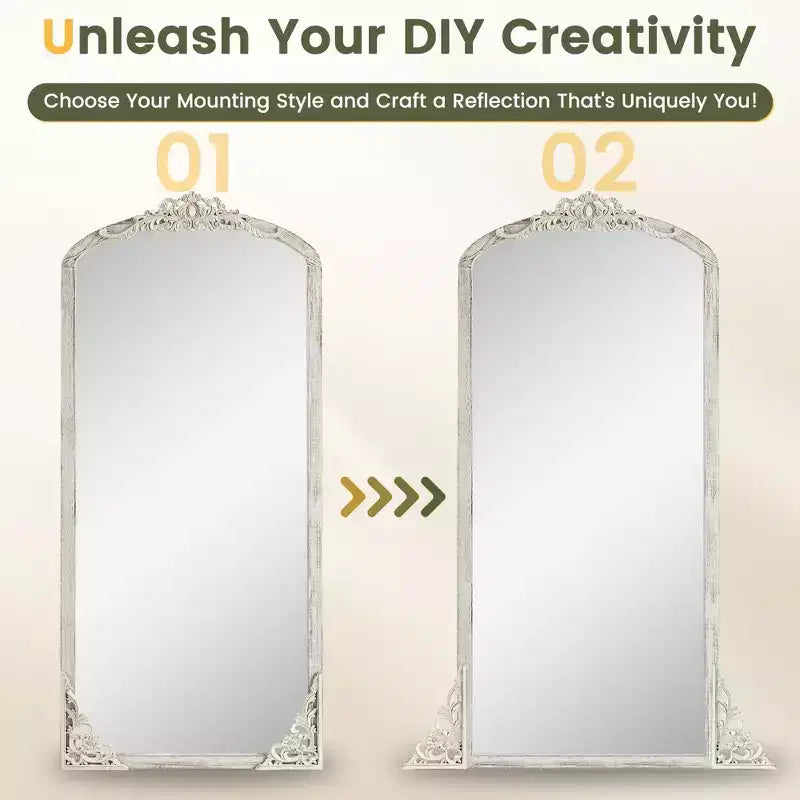 64x21 inch Solid Wood Carved Right Angle Micro Arch Full Body Mirror Weathered White (with Bracket)