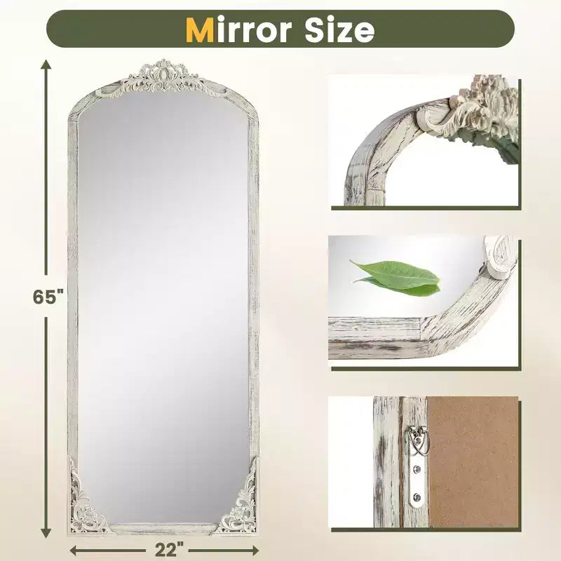 64x21 inch Solid Wood Carved Right Angle Micro Arch Full Body Mirror Weathered White (with Bracket)