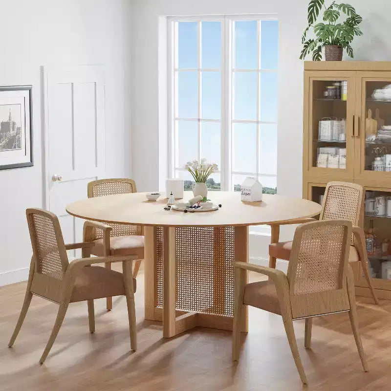 PexFix 60 x 60 Farmhouse Kitchen Dining Room Table Furniture Round Natural Kitchen Table with Rattan Woven Legs for Kitchen Bar Living Room