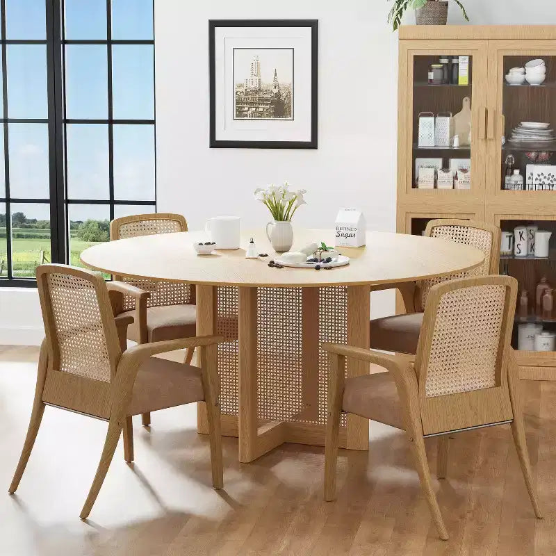 PexFix 60 x 60 Farmhouse Kitchen Dining Room Table Furniture Round Natural Kitchen Table with Rattan Woven Legs for Kitchen Bar Living Room