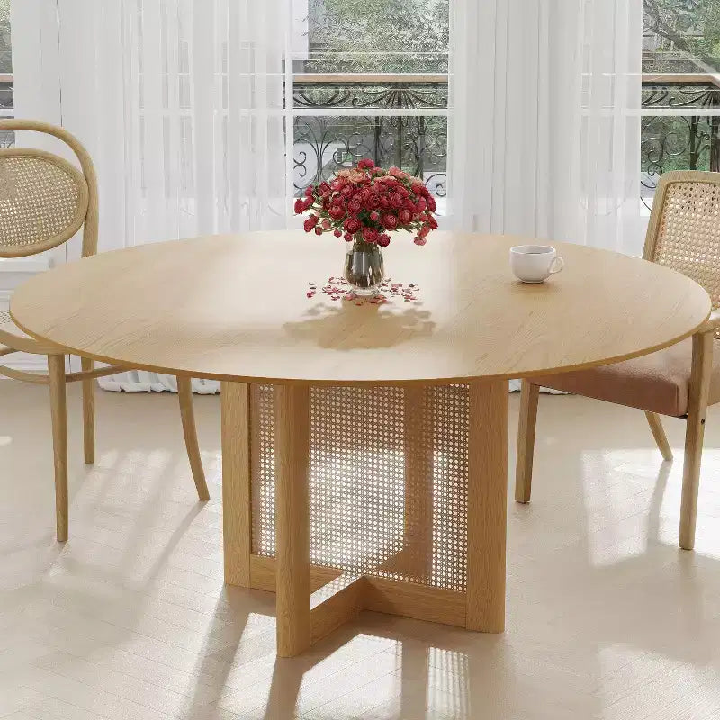 PexFix 60 x 60 Farmhouse Kitchen Dining Room Table Furniture Round Natural Kitchen Table with Rattan Woven Legs for Kitchen Bar Living Room