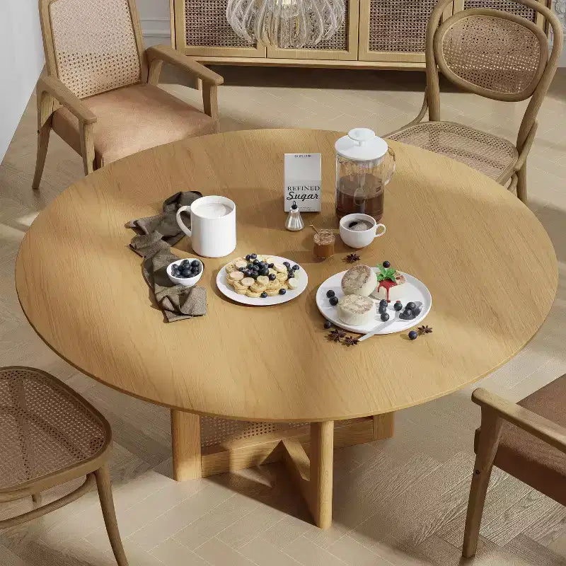 PexFix 60 x 60 Farmhouse Kitchen Dining Room Table Furniture Round Natural Kitchen Table with Rattan Woven Legs for Kitchen Bar Living Room