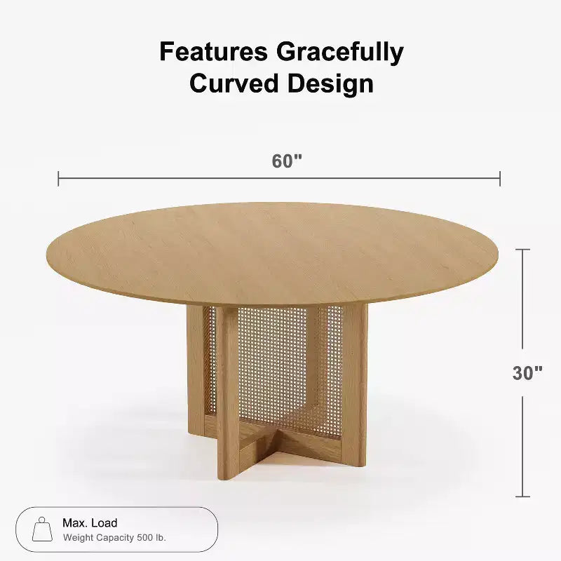 PexFix 60 x 60 Farmhouse Kitchen Dining Room Table Furniture Round Natural Kitchen Table with Rattan Woven Legs for Kitchen Bar Living Room