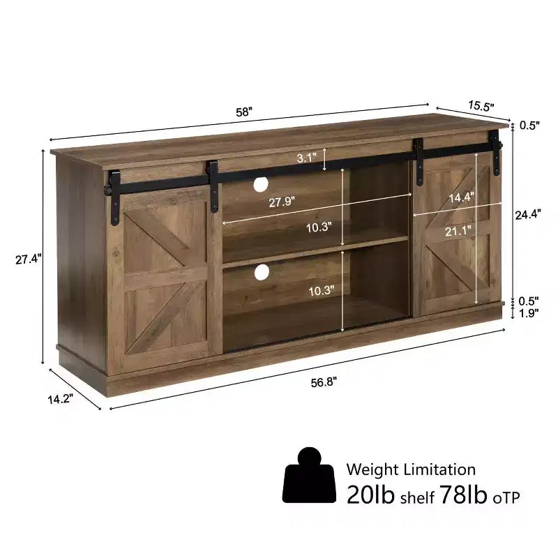 Meuble TV et centre de divertissement de style rustique de 58 po pour téléviseurs jusqu'à 65 po, avec portes coulissantes de grange et armoires de rangement