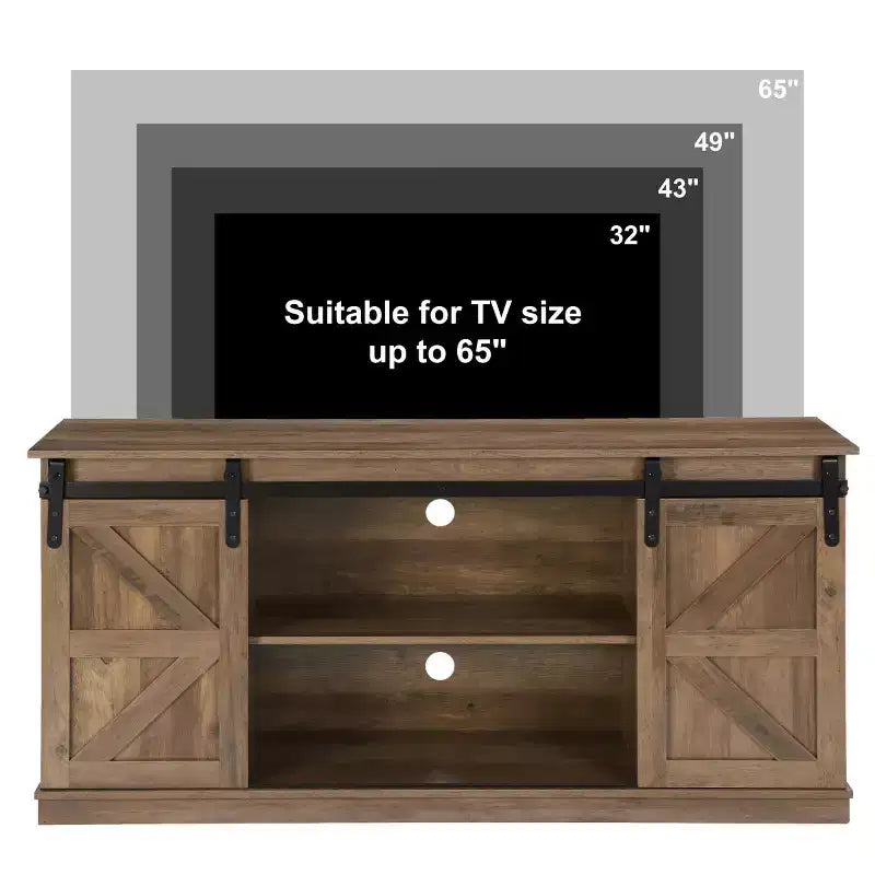 Meuble TV et centre de divertissement de style rustique de 58 po pour téléviseurs jusqu'à 65 po, avec portes coulissantes de grange et armoires de rangement