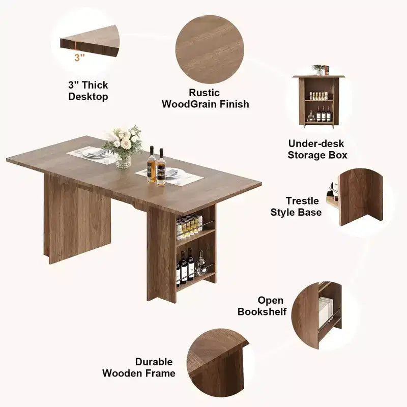 Rustic Wooden 63 Inch Farmhouse Dining Table with 4 Storage Shelves and Large Tabletop for 6 for Dining Room, Living Room, Kitchen