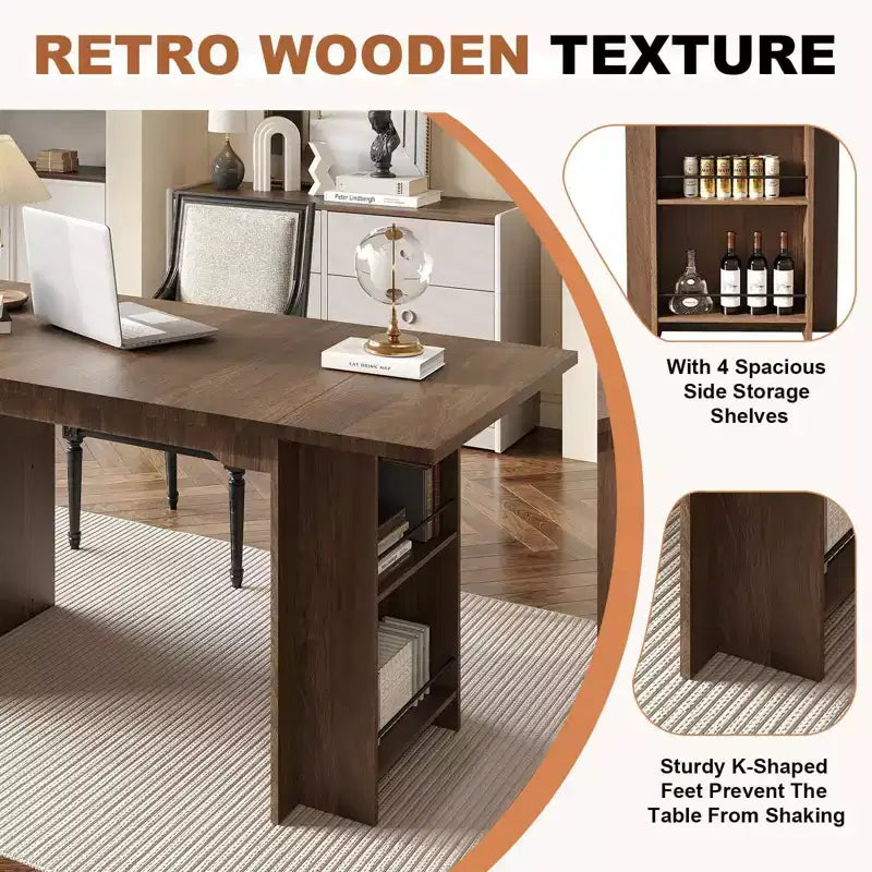 Rustic Wooden 63 Inch Farmhouse Dining Table with 4 Storage Shelves and Large Tabletop for 6 for Dining Room, Living Room, Kitchen