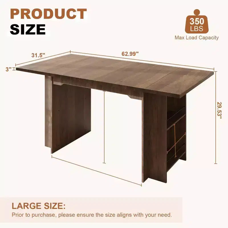 Rustic Wooden 63 Inch Farmhouse Dining Table with 4 Storage Shelves and Large Tabletop for 6 for Dining Room, Living Room, Kitchen
