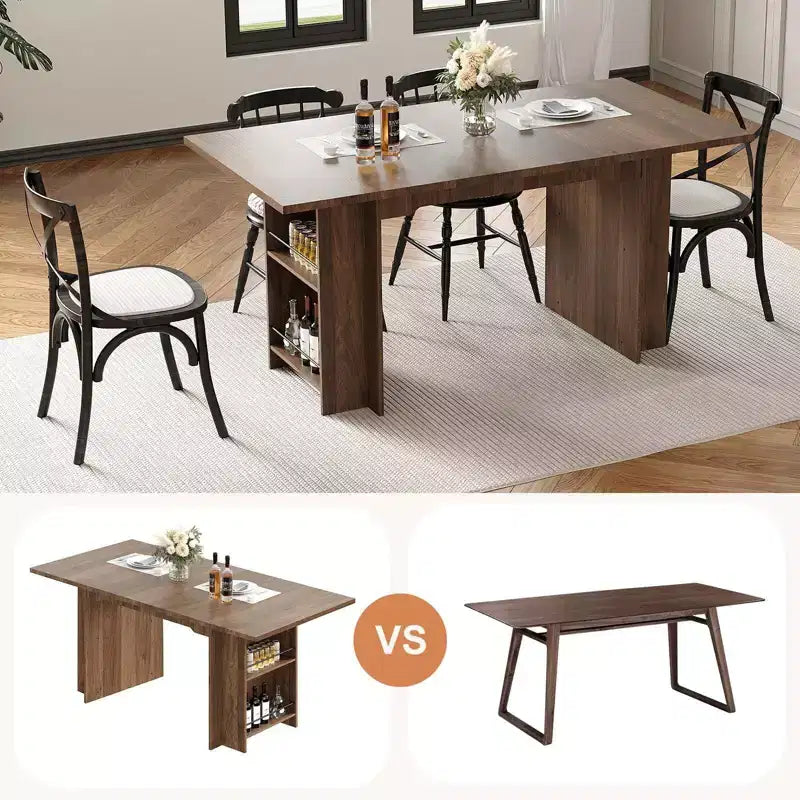 Rustic Wooden 63 Inch Farmhouse Dining Table with 4 Storage Shelves and Large Tabletop for 6 for Dining Room, Living Room, Kitchen