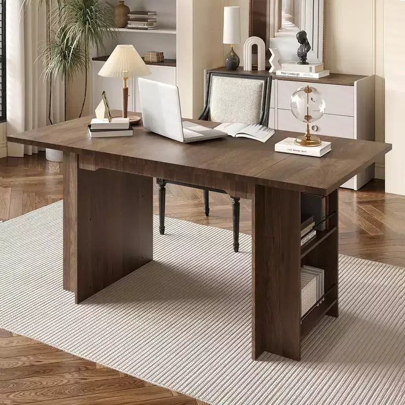 Rustic Wooden 63 Inch Farmhouse Dining Table with 4 Storage Shelves and Large Tabletop for 6 for Dining Room, Living Room, Kitchen