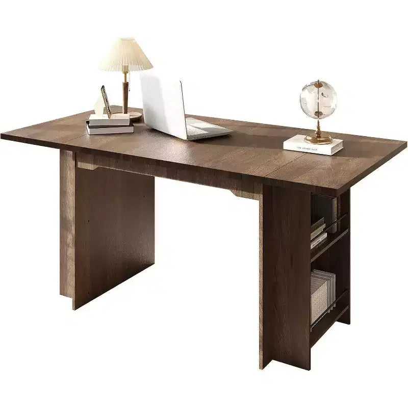 Rustic Wooden 63 Inch Farmhouse Dining Table with 4 Storage Shelves and Large Tabletop for 6 for Dining Room, Living Room, Kitchen