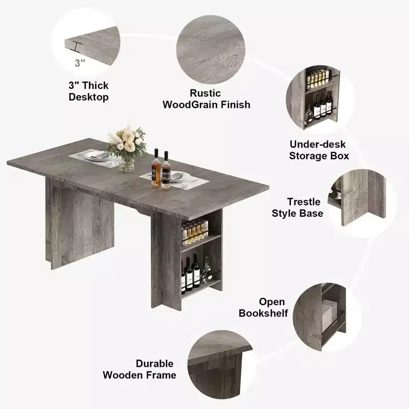 Rustic Wooden 63 Inch Farmhouse Dining Table with 4 Storage Shelves and Large Tabletop for 6 for Dining Room, Living Room, Kitchen