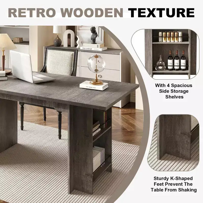 Rustic Wooden 63 Inch Farmhouse Dining Table with 4 Storage Shelves and Large Tabletop for 6 for Dining Room, Living Room, Kitchen
