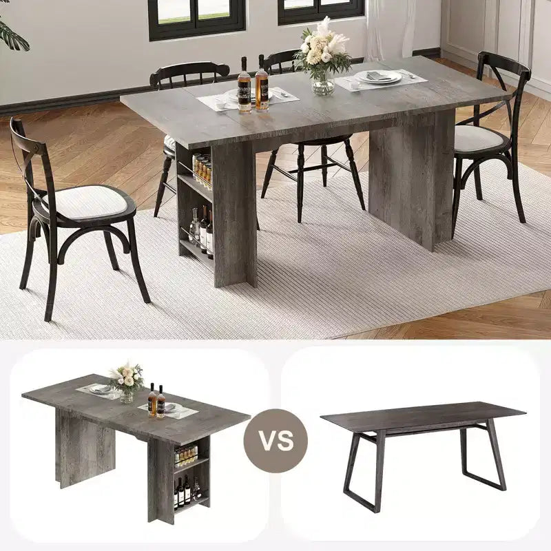 Rustic Wooden 63 Inch Farmhouse Dining Table with 4 Storage Shelves and Large Tabletop for 6 for Dining Room, Living Room, Kitchen