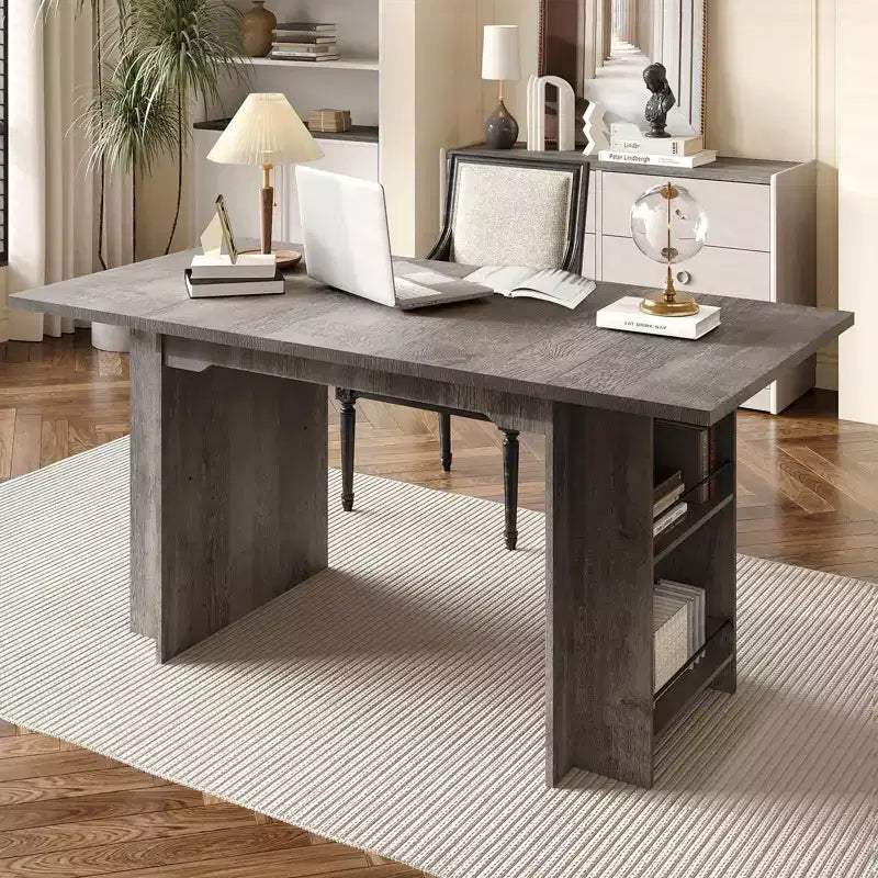 Rustic Wooden 63 Inch Farmhouse Dining Table with 4 Storage Shelves and Large Tabletop for 6 for Dining Room, Living Room, Kitchen