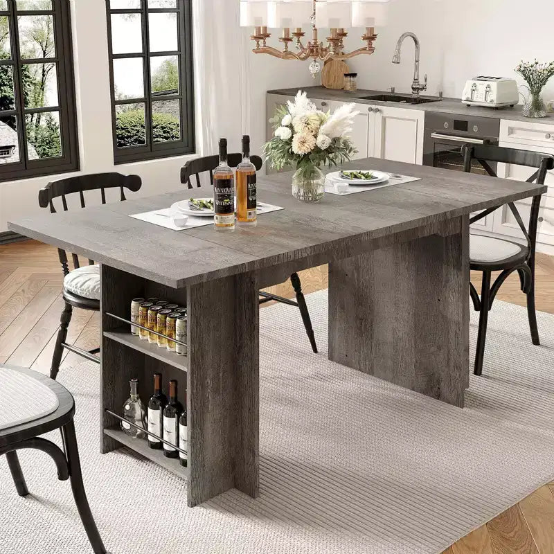 Rustic Wooden 63 Inch Farmhouse Dining Table with 4 Storage Shelves and Large Tabletop for 6 for Dining Room, Living Room, Kitchen