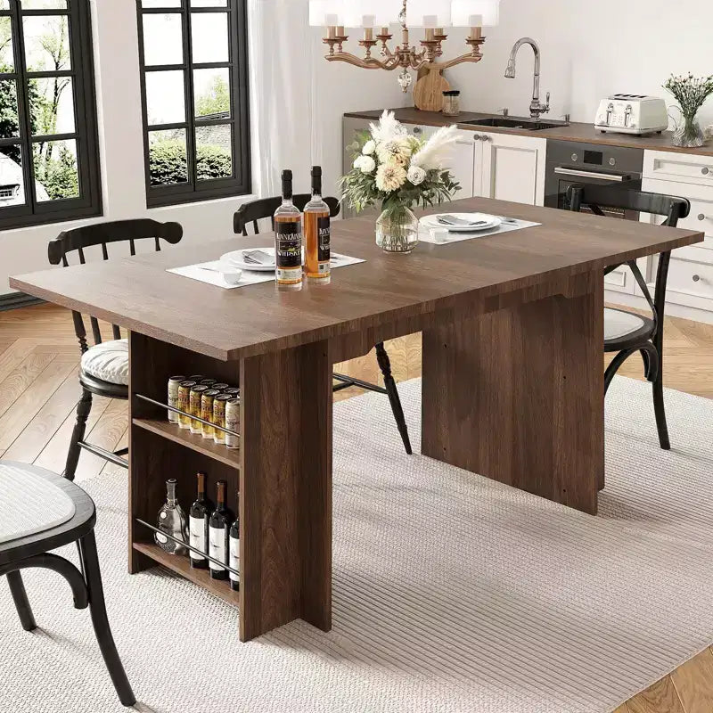 Rustic Wooden 63 Inch Farmhouse Dining Table with 4 Storage Shelves and Large Tabletop for 6 for Dining Room, Living Room, Kitchen