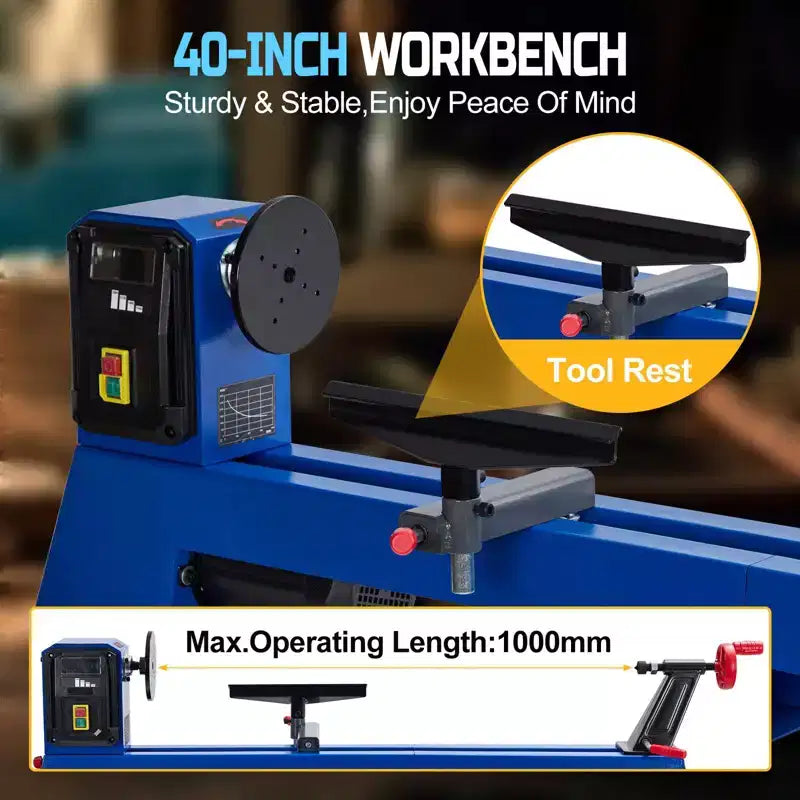 Tour à bois d'établi 14 x 20 | Vitesse variable 0,5 CV 1040-2980 tr/min, machine à tourner le bois avec ciseaux, contre-pointe CM3