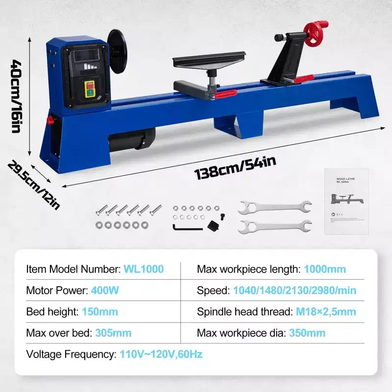 Tour à bois d'établi 14 x 20 | Vitesse variable 0,5 CV 1040-2980 tr/min, machine à tourner le bois avec ciseaux, contre-pointe CM3
