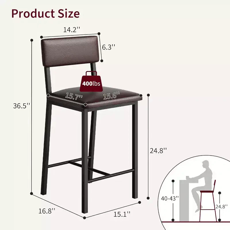 Bar Stools Set of 2, Counter Stools with Back and Thickened Metal Legs, Upholstered PU Leather Counter Height Barstools with Footrest
