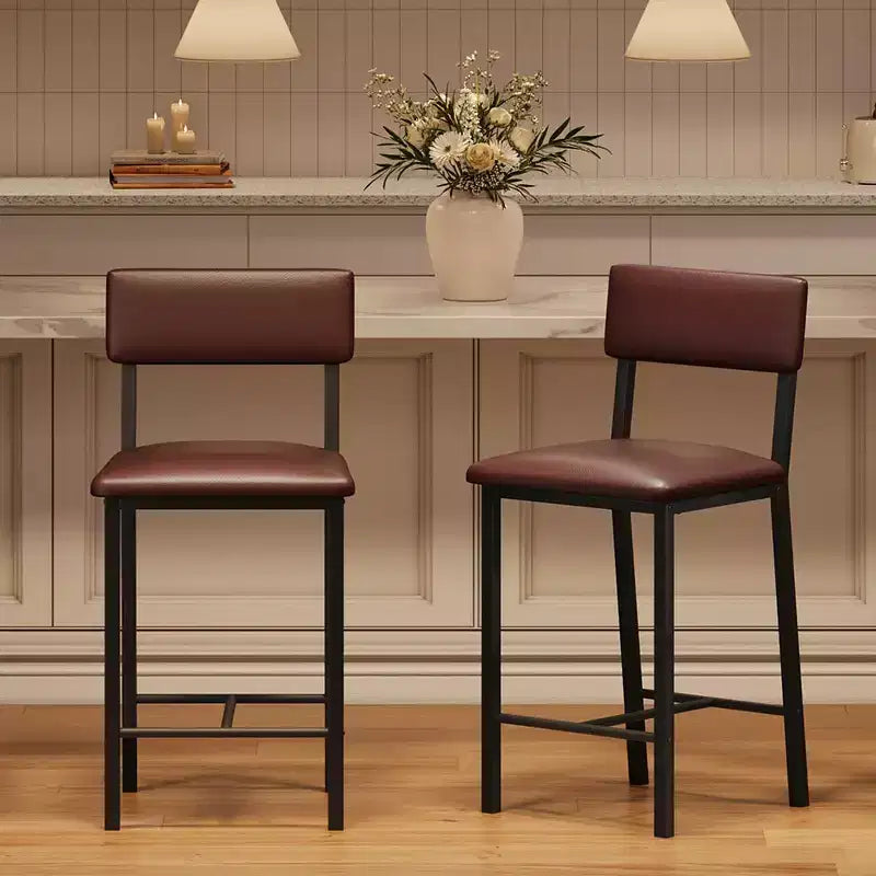 Bar Stools Set of 2, Counter Stools with Back and Thickened Metal Legs, Upholstered PU Leather Counter Height Barstools with Footrest
