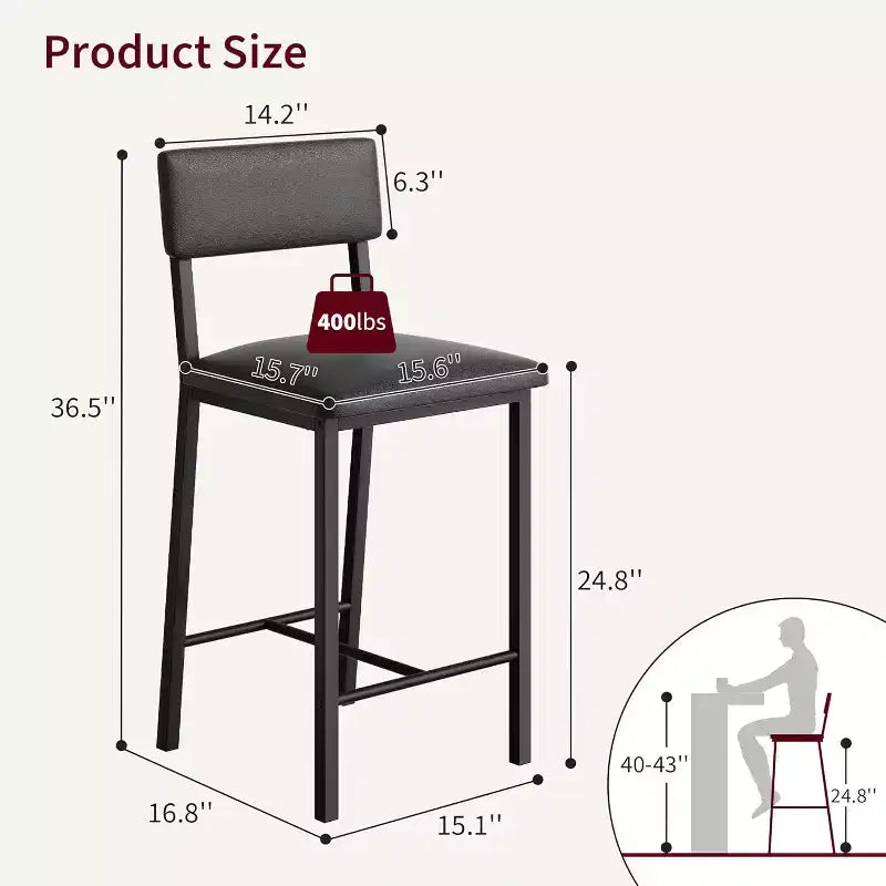 Bar Stools Set of 2, Counter Stools with Back and Thickened Metal Legs, Upholstered PU Leather Counter Height Barstools with Footrest