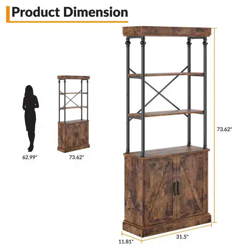 74 Industrial Farmhouse Bookcase with Doors Tall Wood & Metal Bookshelf with Storage Cabinet, Vintage Open Shelf Design