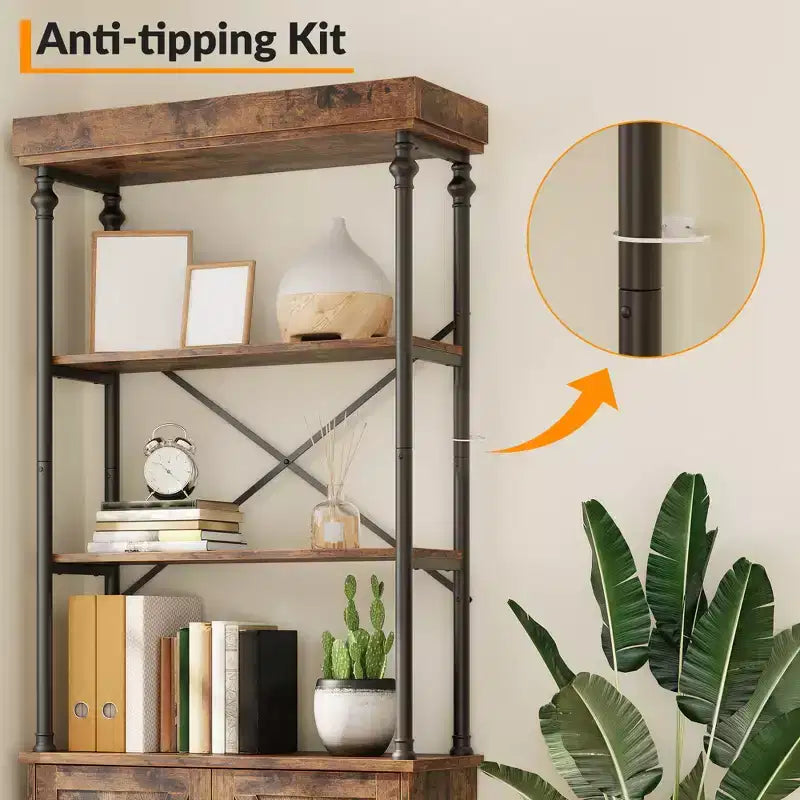 74 Industrial Farmhouse Bookcase with Doors Tall Wood & Metal Bookshelf with Storage Cabinet, Vintage Open Shelf Design