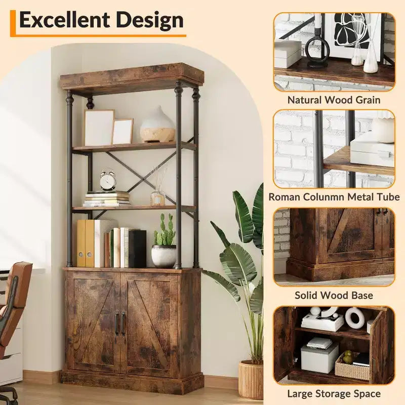 74 Industrial Farmhouse Bookcase with Doors Tall Wood & Metal Bookshelf with Storage Cabinet, Vintage Open Shelf Design