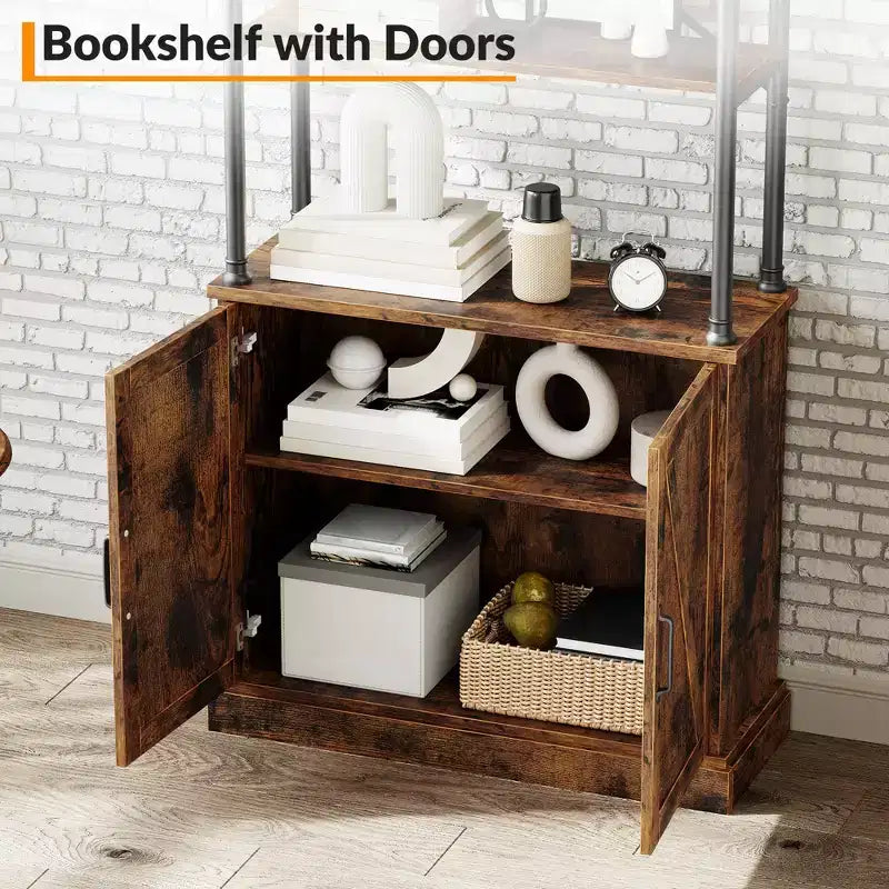 74 Industrial Farmhouse Bookcase with Doors Tall Wood & Metal Bookshelf with Storage Cabinet, Vintage Open Shelf Design