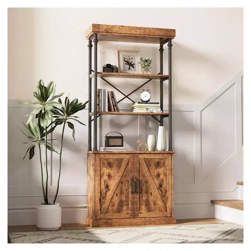 74 Industrial Farmhouse Bookcase with Doors Tall Wood & Metal Bookshelf with Storage Cabinet, Vintage Open Shelf Design