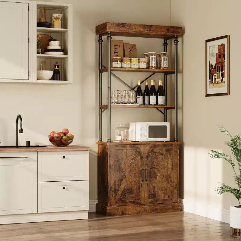 74 Industrial Farmhouse Bookcase with Doors Tall Wood & Metal Bookshelf with Storage Cabinet, Vintage Open Shelf Design