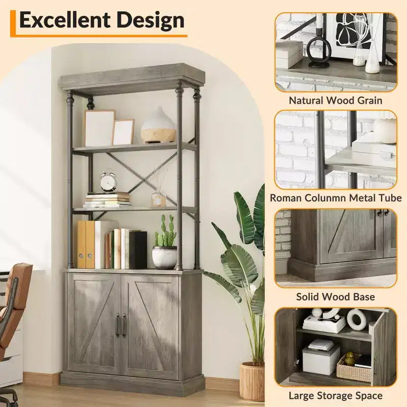74 Industrial Farmhouse Bookcase with Doors Tall Wood & Metal Bookshelf with Storage Cabinet, Vintage Open Shelf Design
