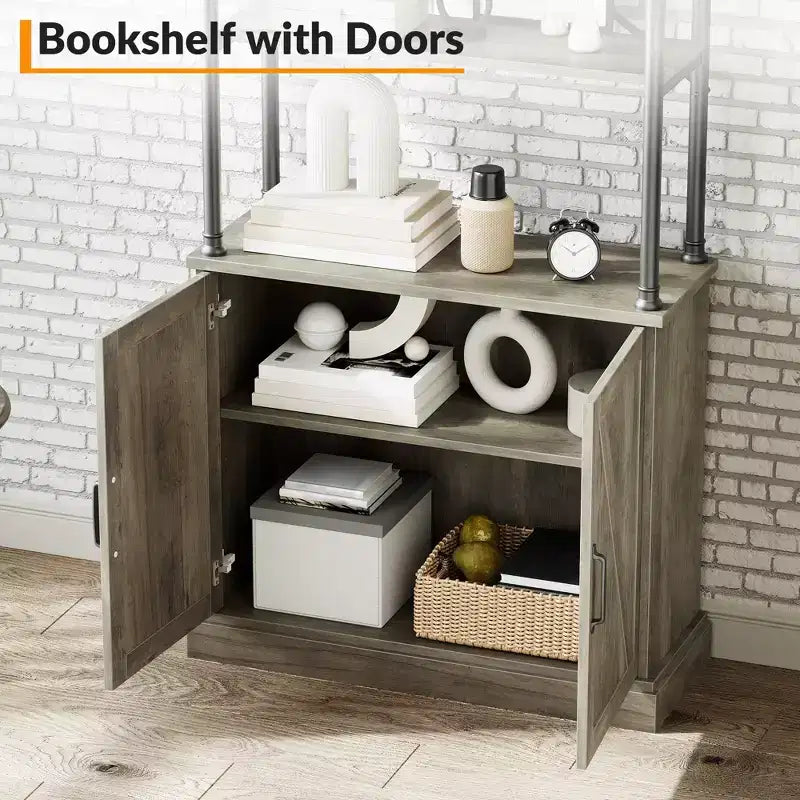 74 Industrial Farmhouse Bookcase with Doors Tall Wood & Metal Bookshelf with Storage Cabinet, Vintage Open Shelf Design
