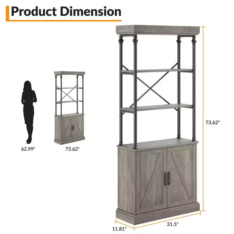 74 Industrial Farmhouse Bookcase with Doors Tall Wood & Metal Bookshelf with Storage Cabinet, Vintage Open Shelf Design