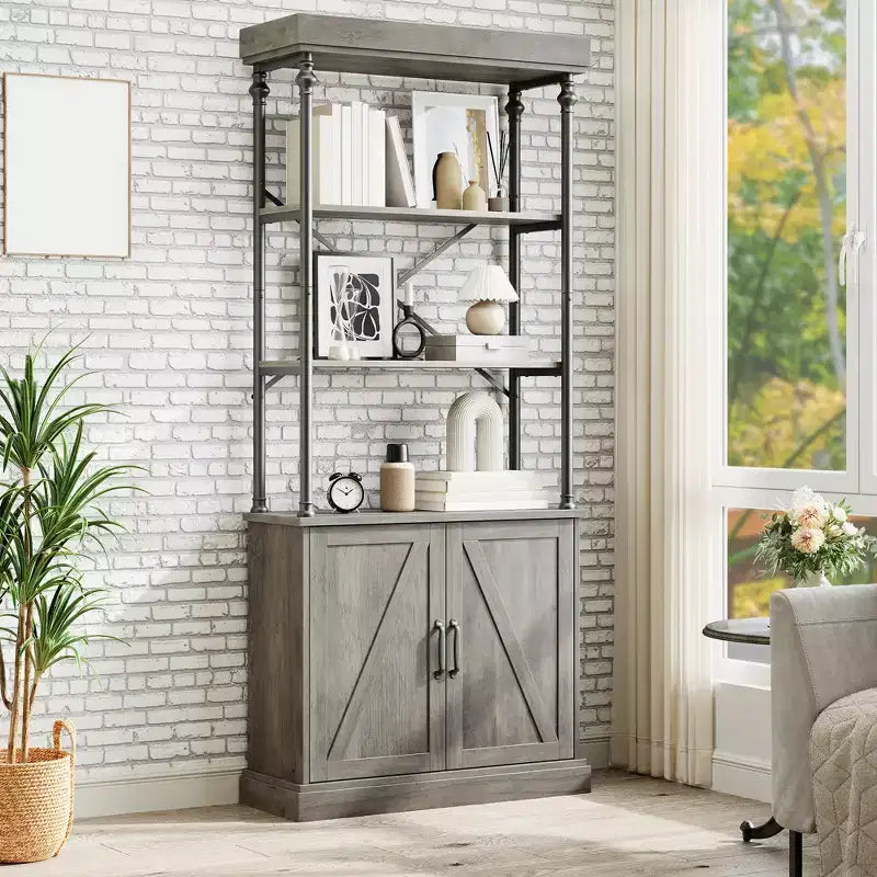 74 Industrial Farmhouse Bookcase with Doors Tall Wood & Metal Bookshelf with Storage Cabinet, Vintage Open Shelf Design