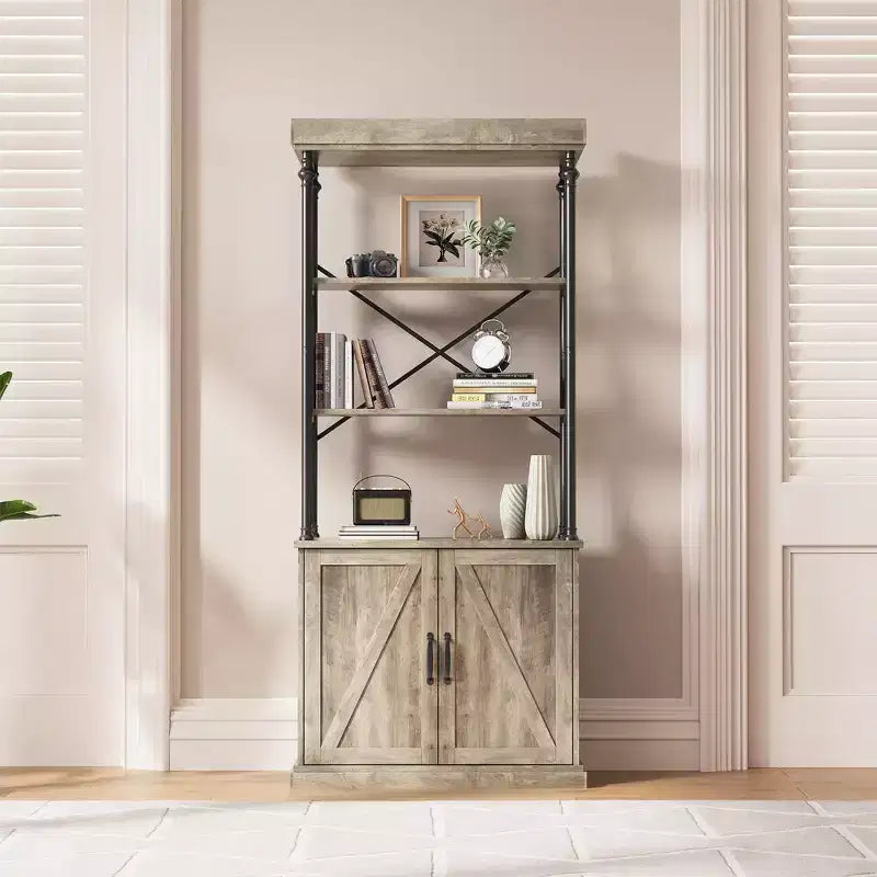 74 Industrial Farmhouse Bookcase with Doors Tall Wood & Metal Bookshelf with Storage Cabinet, Vintage Open Shelf Design