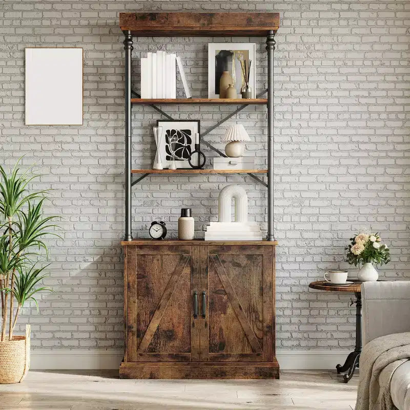 74 Industrial Farmhouse Bookcase with Doors Tall Wood & Metal Bookshelf with Storage Cabinet, Vintage Open Shelf Design