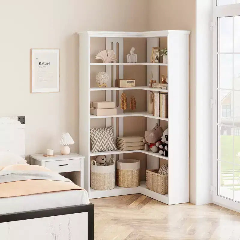 72.8in Tall 5 Tier Corner Bookshelf Farmhouse Bookcase Large Bookshelf Wood Bookcase Corner Shelf L Shaped Bookshelfs Storage Display Rack