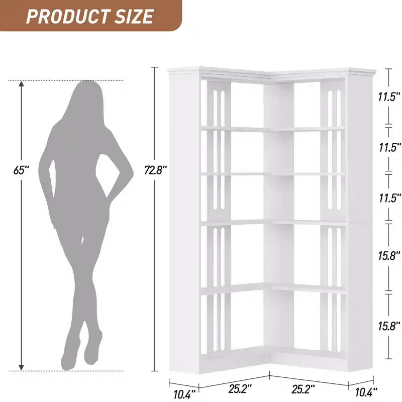 72.8in Tall 5 Tier Corner Bookshelf Farmhouse Bookcase Large Bookshelf Wood Bookcase Corner Shelf L Shaped Bookshelfs Storage Display Rack