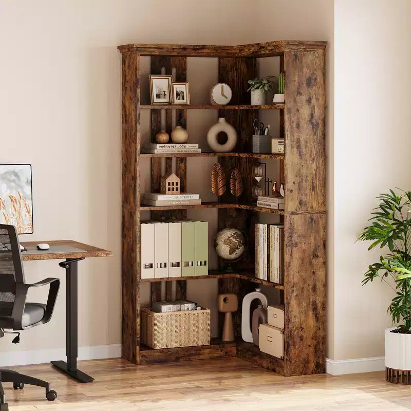 72.8in Tall 5 Tier Corner Bookshelf Farmhouse Bookcase Large Bookshelf Wood Bookcase Corner Shelf L Shaped Bookshelfs Storage Display Rack