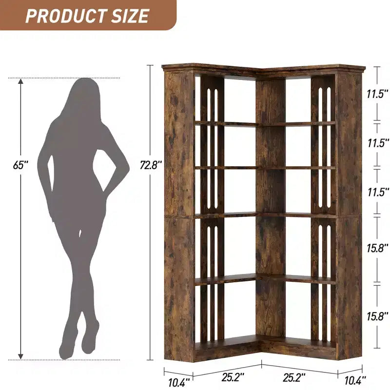 72.8in Tall 5 Tier Corner Bookshelf Farmhouse Bookcase Large Bookshelf Wood Bookcase Corner Shelf L Shaped Bookshelfs Storage Display Rack