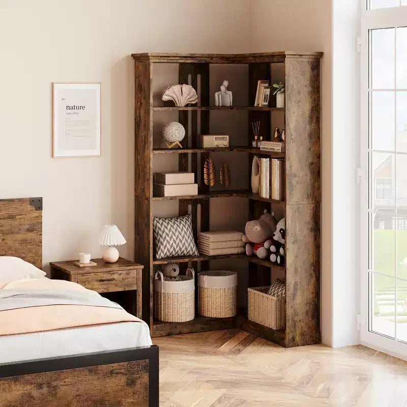72.8in Tall 5 Tier Corner Bookshelf Farmhouse Bookcase Large Bookshelf Wood Bookcase Corner Shelf L Shaped Bookshelfs Storage Display Rack