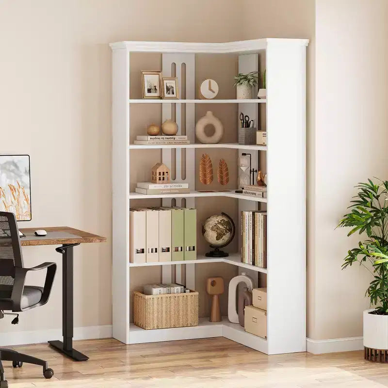 72.8in Tall 5 Tier Corner Bookshelf Farmhouse Bookcase Large Bookshelf Wood Bookcase Corner Shelf L Shaped Bookshelfs Storage Display Rack