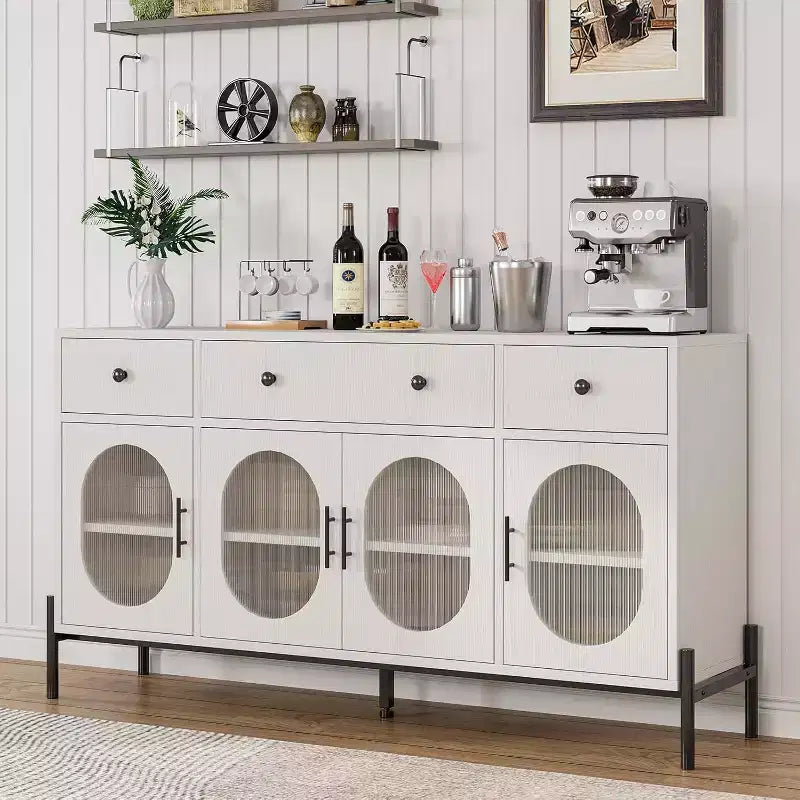 62 Modern Buffet Cabinet with Storage, 3 Drawers & 4 Fluted Glass Doors, Wooden Sideboard Console Table for Kitchen, Dining Room, Coffee Bar