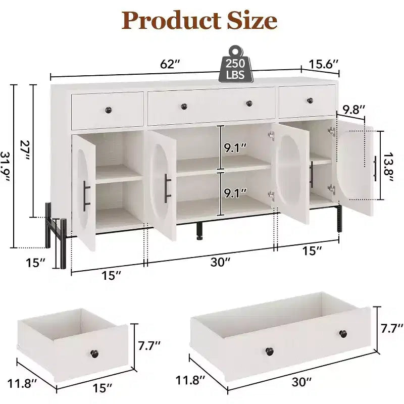 62 Modern Buffet Cabinet with Storage, 3 Drawers & 4 Fluted Glass Doors, Wooden Sideboard Console Table for Kitchen, Dining Room, Coffee Bar