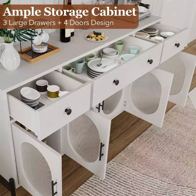 62 Modern Buffet Cabinet with Storage, 3 Drawers & 4 Fluted Glass Doors, Wooden Sideboard Console Table for Kitchen, Dining Room, Coffee Bar