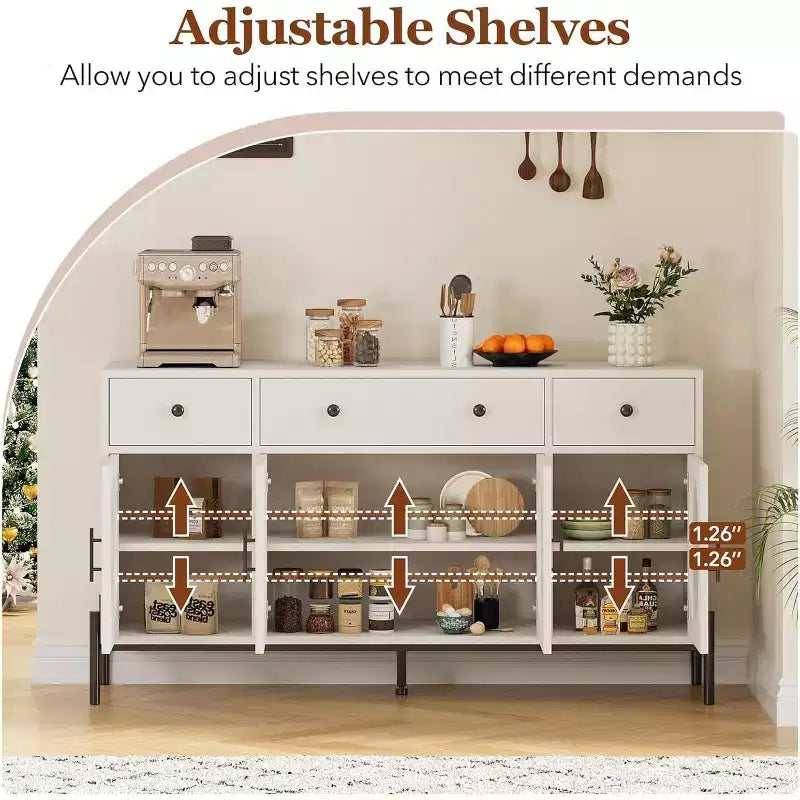 62 Modern Buffet Cabinet with Storage, 3 Drawers & 4 Fluted Glass Doors, Wooden Sideboard Console Table for Kitchen, Dining Room, Coffee Bar
