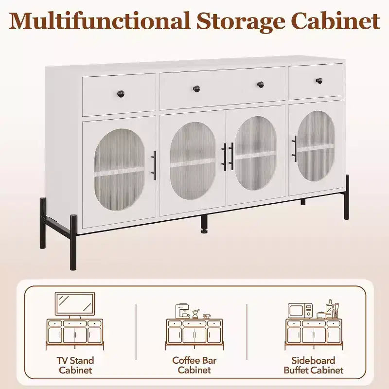 62 Modern Buffet Cabinet with Storage, 3 Drawers & 4 Fluted Glass Doors, Wooden Sideboard Console Table for Kitchen, Dining Room, Coffee Bar